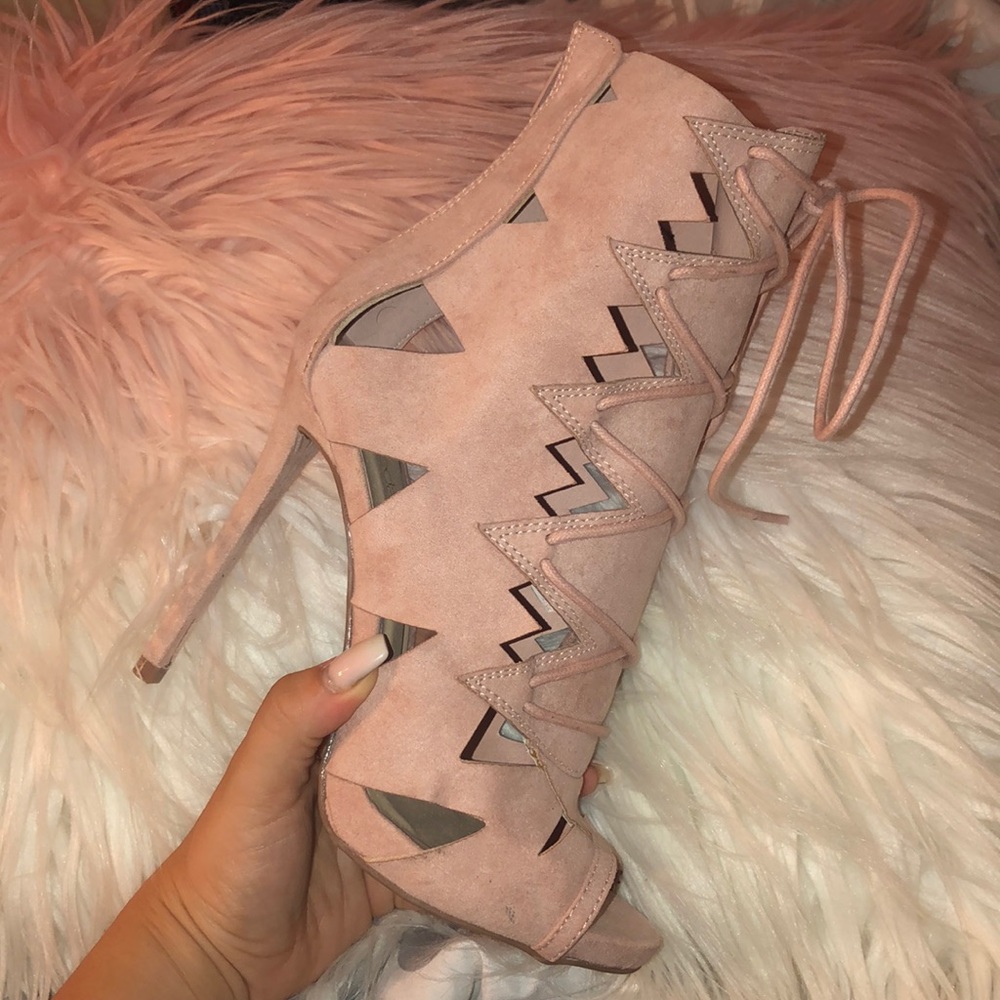 Pink Suede High Heel Peep Toe Bootie - Picture 3 of 4